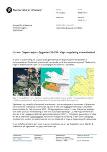 Et dokument fra Statsforvalteren i Vestland som inneholder en oversendelse av en byggesak. Dokumentet viser en flyfoto (øverst til venstre) og en situasjonsplan (øverst til høyre) for eiendommen Øygarden 38/199.