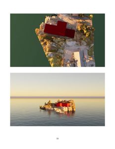 Bildet viser to visuelle framstillinger av en bygning plassert på en klippeøy: øverst et 3D-overhavsutsnitt (top-down view) og nederst et perspektivbilde fra vannet. Disse er tydelig digitale visualiseringer, ikke foton.