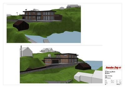 3D-visualisering av en planlagt bygning (hus) sett fra utsiden, inkludert omgivelsene som terreng og vann.