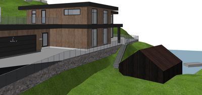 3D-visualisering av en moderne villa med garasje, heis og en mindre uthus på en skråning.