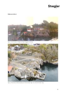 Fotografier av et kystområde med eksisterende bebyggelse og natur.