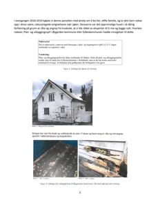 Fotografier av en eksisterende bygning (hus) og detaljer som viser råte, inkludert et hovedbilde av huset sett fra nordvest og to mindre bilder som viser skader på takkonstruksjon og etasjeskiller.