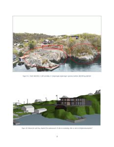 Bildet viser en fotodokumentasjon (Figur 9) av et kystområde med markerte områder (1, 2, 3) og en 3D-skisse (Figur 10) av et nytt hus. Begge delene er nyttige for å forstå byggeplassens kontekst og utforming.