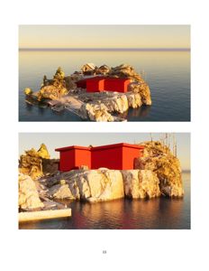 3D-visualisering av en rød bygning plassert på en kystklipp, sett fra ulike vinkler.