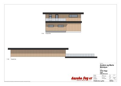 Fasadetegning som viser bygningens utseende sett fra sør og øst.