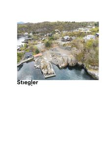 Fotografi av et kystområde med hus, vann og klipper.