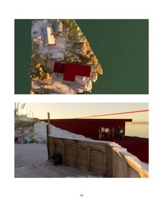 Bildet viser to bilder i en side. Øverst er det et flyfoto (eller dronebilde) av ei tomt med eksisterende bygninger og en markert rød rektangel som angir planlagt plassering for nybygning. Nederst er det et fotografi av selve den ferdige eller under oppføring stående bygningen, sett fra utsiden.