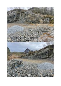 Fotografier av et byggefelt med stein, grus og en eksisterende hytte i bakgrunnen.