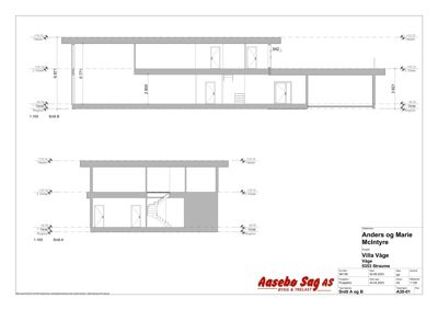 Snittegning (Snitt A og B) som viser bygningens tverrsnitt, høyder, etasjer og konstruksjon.