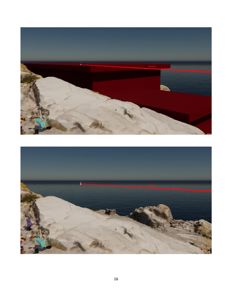 3D-visualisering (rendering) av en bygning eller struktur plassert ved kystlinjen, sett fra et lavt vinkel.