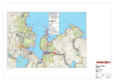 Kart over et område med topografi, vannveier og bygningsplasseringer