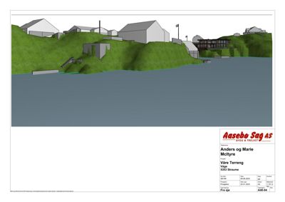 Fasadetegning (opprikk) som viser bygningens utseende sett fra sjøen, inkludert terrengform og nabobebyggelse.