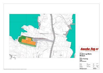 Situasjonsplan som viser tomtens beliggenhet, topografi (konturlinjer), vannkropp og planlagt byggefelt.