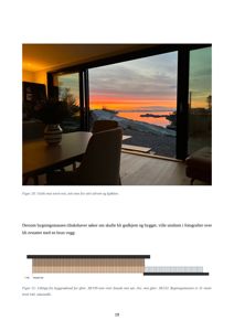 Fotografi av utsikt mot nord-vest fra allrom og kjøkken, samt en fasadeutsnitt fra byggesøknad.