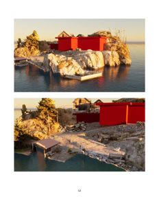 3D-visualisering av en bygning (markert med rødt) plassert på et kystlandskap, vist fra to ulike vinkler.