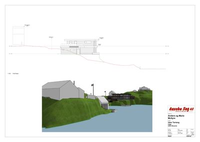 3D-visualisering av et hus i terreng med omgivende natur og nabohus.