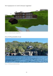 Bildet viser en side fra en byggesak som inneholder en illustrasjon (rendering) av en planlagt bygning og et fotografi av eksisterende omgivelser sett fra sjø.