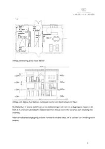 Bildet viser en utklipp plantegning av første etasje (38/232) med romfordeling og arealoppdelinger, samt en snittegning (Snitt B) som viser bygningens høyde og etasjeskiller.