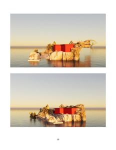 3D-visualisering av en rød bygning plassert på en kunstig øy i vannet, vist fra to ulike vinkler.