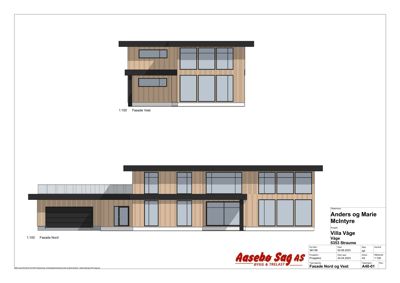 Fasadetegning som viser bygningens utseende sett fra nord og vest, inkludert materialvalg (trepanel, glass) og arkitektoniske detaljer.