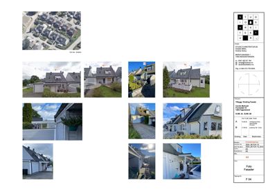 Et ark med flere fotografier av en eksisterende eller planlagt bolig, inkludert fasadebilder og situasjonsfotografier.