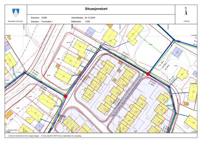 Situasjonskart som viser eiendomsnummer 23/88 i Furuholtet 1, med bygningsplasseringer, vegnett og infrastruktur.