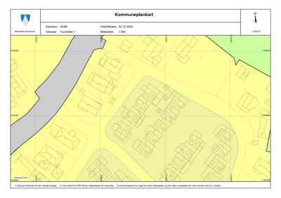 Kommuneplankart som viser eiendomsnummer 23/88 og adresse Furuhollet 1 i Nesodden kommune, med bygningsfotavmerking og arealbruk.