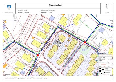 Situasjonskart som viser eiendomsnummer 23/88 i Furuholtet 1, med nabolag, vegnett og infrastruktur.