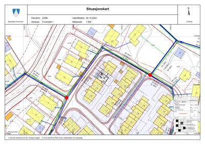 Situasjonskart som viser eiendommen Furuhollet 1 med omgivende infrastruktur, vei- og vannledninger samt naboeiendommer.