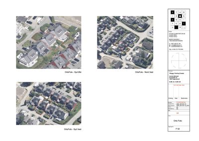 Ortofotografier (luftbilder) av et byggeområde med markerte tomter, inkludert en situasjonsplan med tegningsinformasjon.