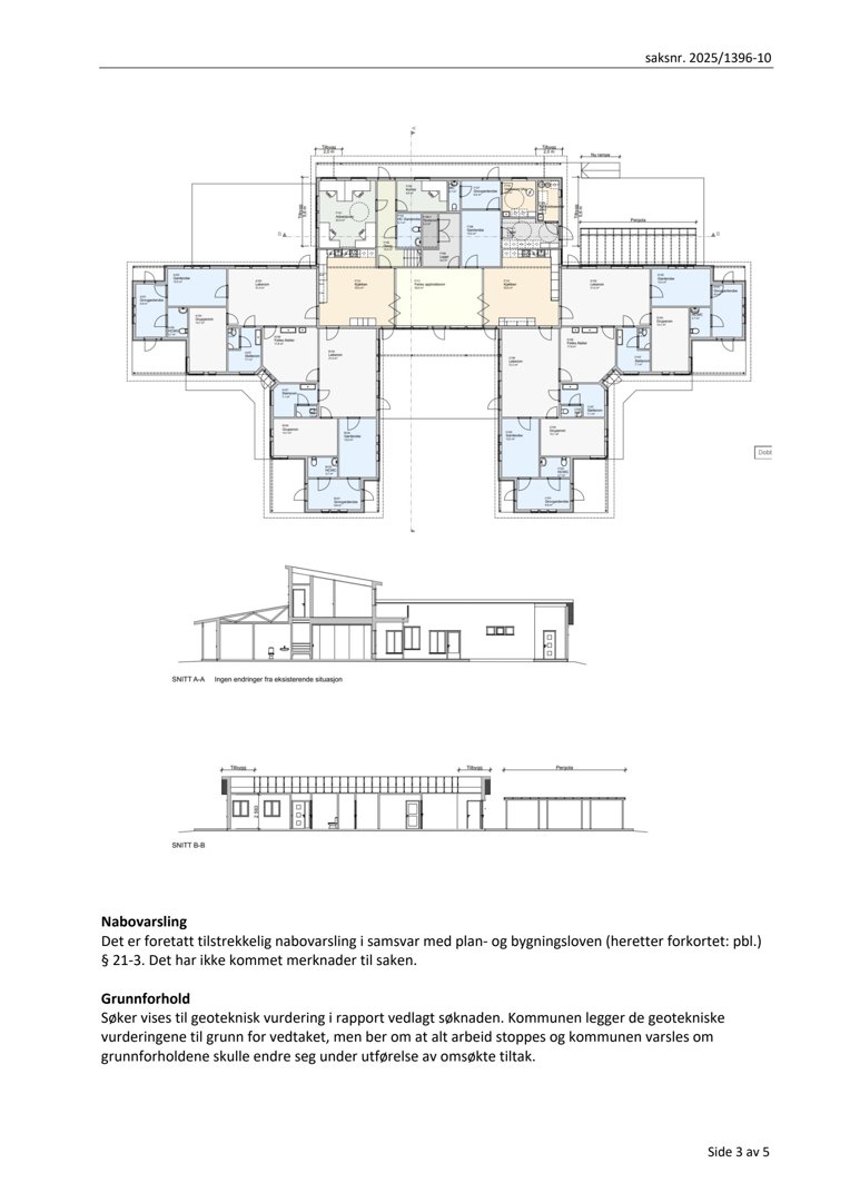 Bildet viser en arkitektonisk tegning som inneholder etasjeplan (topplan) med romfordeling, samt snittegninger (SNITT A-A og SNITT B-B) av bygningen.