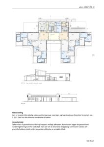 Bildet viser en arkitektonisk tegning som inneholder etasjeplan (topplan) med romfordeling, samt snittegninger (SNITT A-A og SNITT B-B) av bygningen.