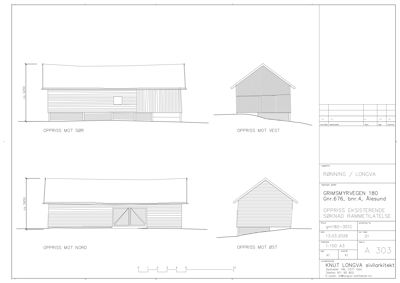 Fasadetegning (oppriss) som viser bygningens utseende fra fire sider: nord, sør, øst og vest.