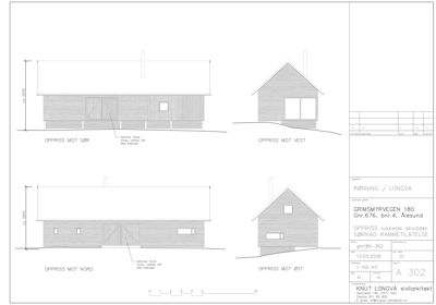 Fasadetegning (oppriss) som viser bygningens utseende fra fire sider: nord, øst, sør og vest.