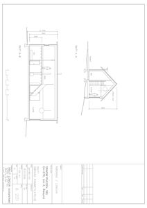 Tegning som viser tverrsnitt (snitt) gjennom en bygning, med oppgitt mål og konstruksjonsdetaljer.