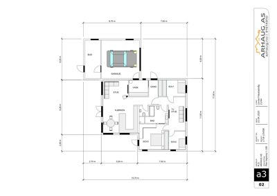 Etasjeplan (1. etasje) som viser romfordeling, dimensjoner og plassering av garasje og bud.