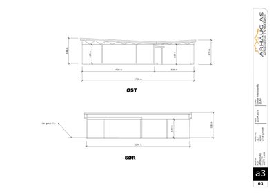 Fasadetegning som viser bygningens utseende sett fra øst og sør, med angitte mål og høyder.