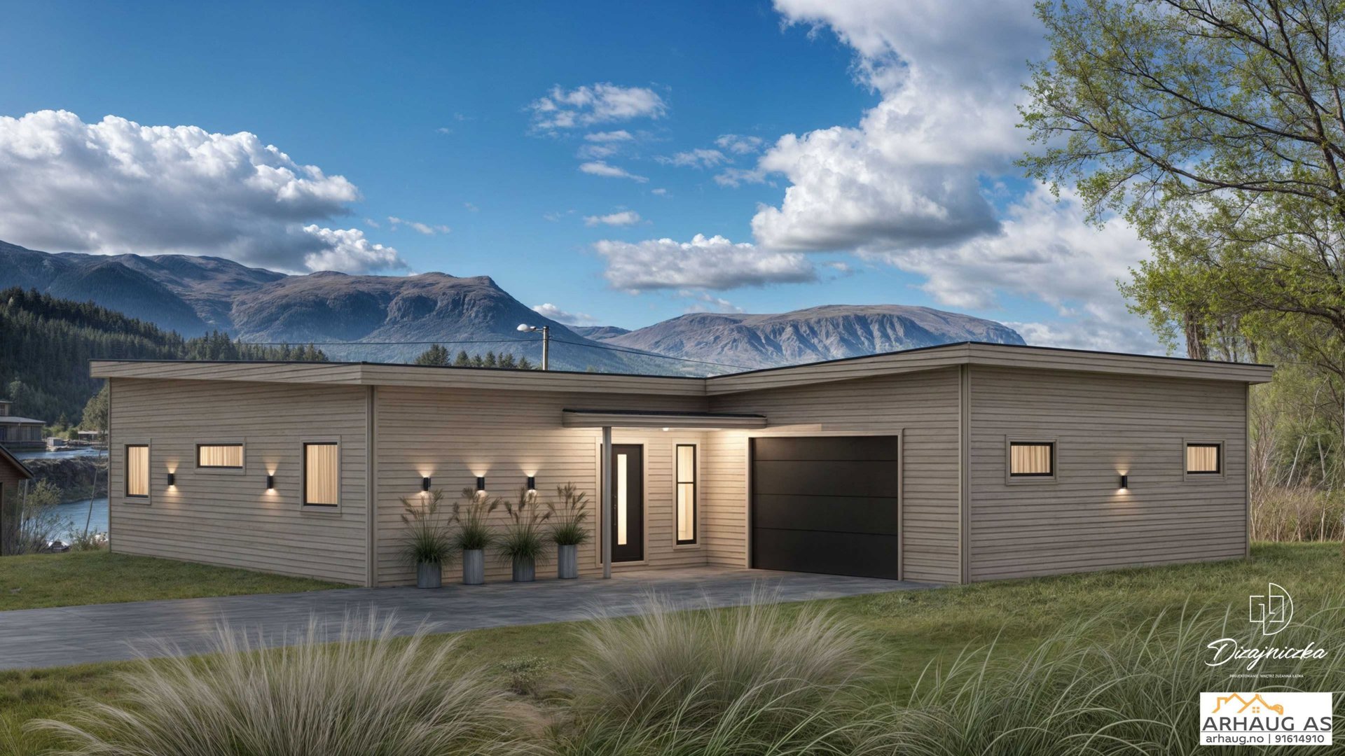 3D-visualisering av en moderne enebolig sett fra front med omgivende natur.