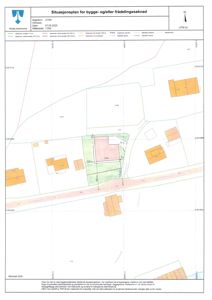 Situasjonsplan for bygge- og/eller fradelingssøknad som viser eiendomsgrenser, bebyggelse og infrastruktur.