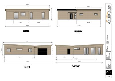 Fasadetegning som viser bygningens utseende fra fire sider: Sør, Nord, Øst og Vest, med angitte mål.