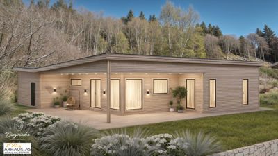 3D-visualisering av en moderne, enetasjes hytte eller villa med trepanel, sett fra front med omgivelser.