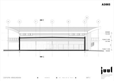 Snittegning (SNITT 3) som viser bygningens tverrsnitt, høyder (gesims, planer) og fasadeelementer.