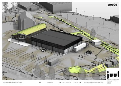 3D-visualisering (rendering) av et byggprosjekt sett fra nordøst. Bildet viser bygningens fasade, omgivelsene, parkeringsplasser og trafikkfløyter.