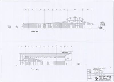 Fasadetegning som viser bygningens utseende fra vest og syd.