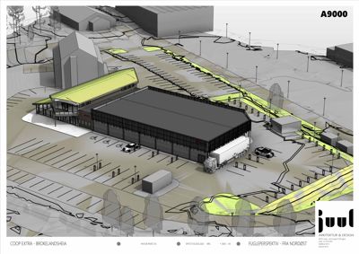 3D-visualisering (rendering) av et byggprosjekt sett fra nordøst, inkludert parkeringsplasser og omgivelsene.