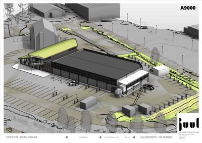 3D-visualisering (rendering) av et byggprosjekt sett fra nordøst.