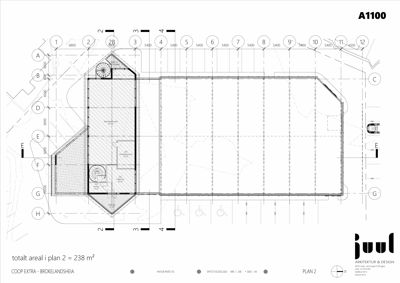 Etasjeplan (PLAN 2) som viser romfordeling, dimensjoner og areal for Coop Extra i Brokelandsheia.