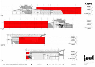 Fasadetegning som viser bygningens utseende fra alle fire sider (Øst, Vest, Nord, Syd) med høydeangivelser og fasadefarger.