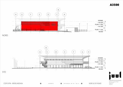 Fasadetegning som viser bygningens utseende sett fra nord og syd, inkludert høydeoppriss (gesims, planhøyder) og arkitektoniske detaljer.