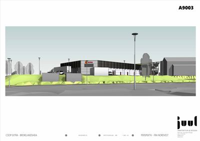 3D-visualisering (perspektiv) av en planlagt bygning sett fra nordvest.